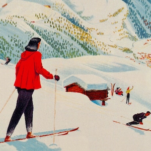 Puede incluir: Una ilustraci&oacute;n vintage de una escena de monta&ntilde;a nevada con esquiadores. Una mujer con una chaqueta roja y pantalones negros esqu&iacute;a cuesta abajo. Una peque&ntilde;a caba&ntilde;a de madera est&aacute; en el fondo.