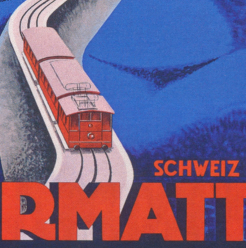 May include: Vintage travel poster featuring a red train ascending a winding track against a blue backdrop. The poster includes the word "SCHWEIZ" and the name "RMATT" in bold red letters, evoking a sense of travel and adventure.