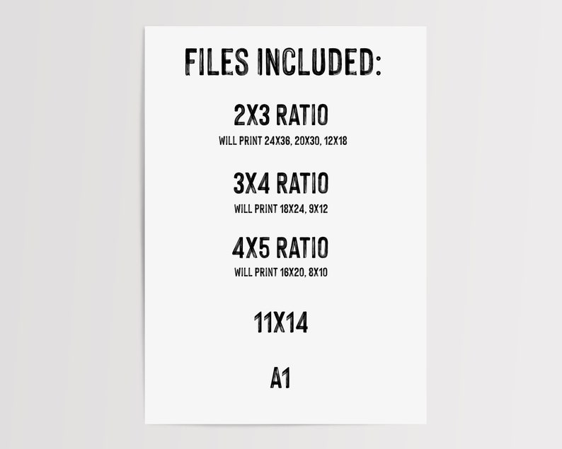 K&ouml;nnte beinhalten: Ein schwarz-wei&szlig;es Textdokument, das die verschiedenen Dateigr&ouml;&szlig;en auflistet, die in einem digitalen Download enthalten sind. Der Text lautet "FILES INCLUDED: 2X3 RATIO WILL PRINT 24X36, 20X30, 12X18 3X4 RATIO WILL PRINT 18X24, 9X12 4X5 RATIO WILL PRINT 16X20, 8X10 11X14 A1"