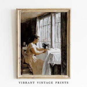 Vintage Sewing Room Art Print: Woman at Machine (Digital Download)