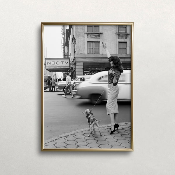 Héler un taxi, art noir et blanc, art mural vintage, portrait de femme, vieille photo, art de la ville de New York, téléchargement numérique, art mural imprimable