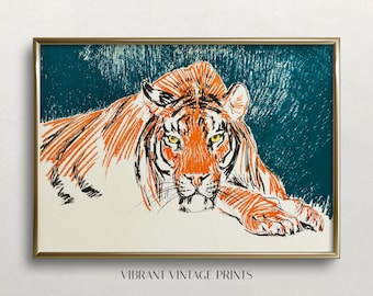 Impression d'art tigre vintage : décoration murale rétro de chat sauvage (téléchargement numérique)