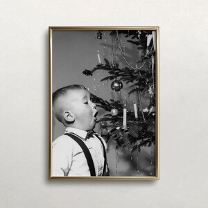 Vintage Christmas Art, Black and White Art, Boy and Christmas Tree, Blowing Out Candle, Old Photo, DIGITAL DOWNLOAD, PRINTABLE Wall Art