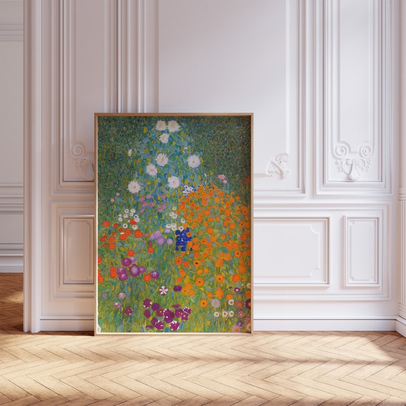 Puede incluir: Una pintura enmarcada de un jard&iacute;n colorido con flores blancas, naranjas, moradas y rojas. Las flores est&aacute;n pintadas en un estilo puntillista, con peque&ntilde;os puntos de color que crean la imagen.