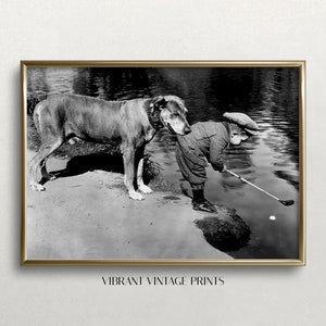Vintage Boy and Dog Golf Art Print: Funny Black and White Photo (Digital Download)