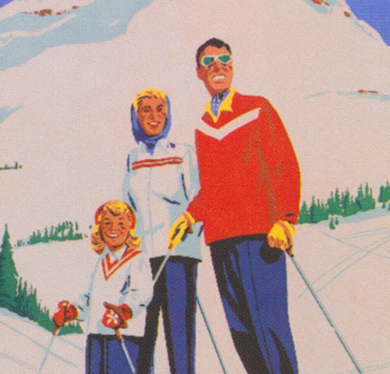 May include: A family of three wearing winter clothing and holding ski poles. The father is wearing a red sweater, the mother is wearing a white jacket, and the child is wearing a white sweater. They are standing in front of a snowy mountain.