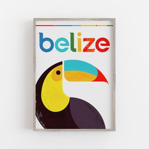 Belize Wall Art, Vintage Wall Art, Belize Travel Poster, Colorful Art, Caribbean Wall Art, Toucan Print, Digital DOWNLOAD,PRINTABLE Wall Art