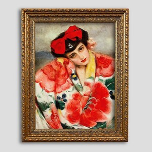 May include: A framed painting of a woman wearing a red bow and a floral patterned robe. The woman is looking down and her expression is melancholic.