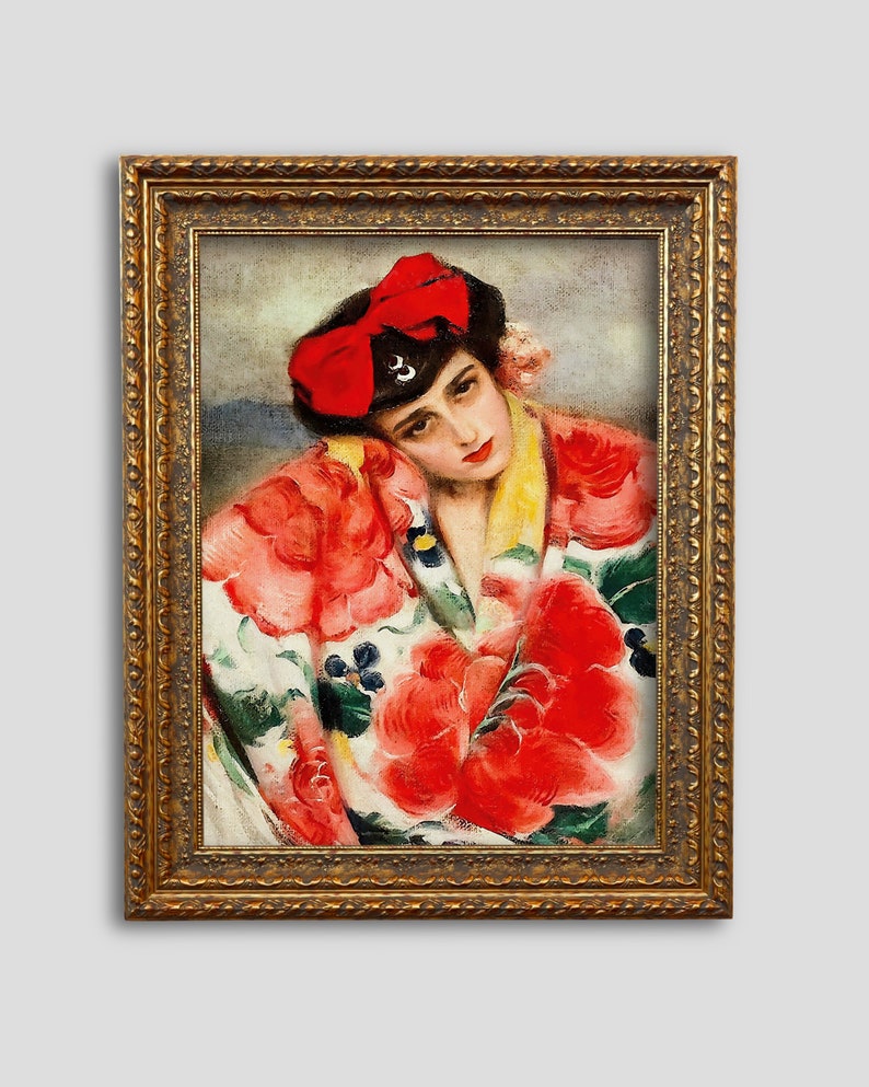 May include: A framed painting of a woman wearing a red bow and a floral patterned robe. The woman is looking down and her expression is melancholic.