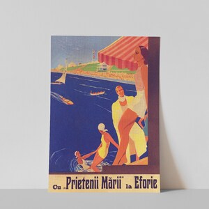 May include: Vintage travel poster featuring a seaside scene with people in swimwear, boats, and a striped awning. The poster has a retro aesthetic with a blue and brown color scheme. Text at the bottom reads "Cu Prietenii Mării la Eforie."