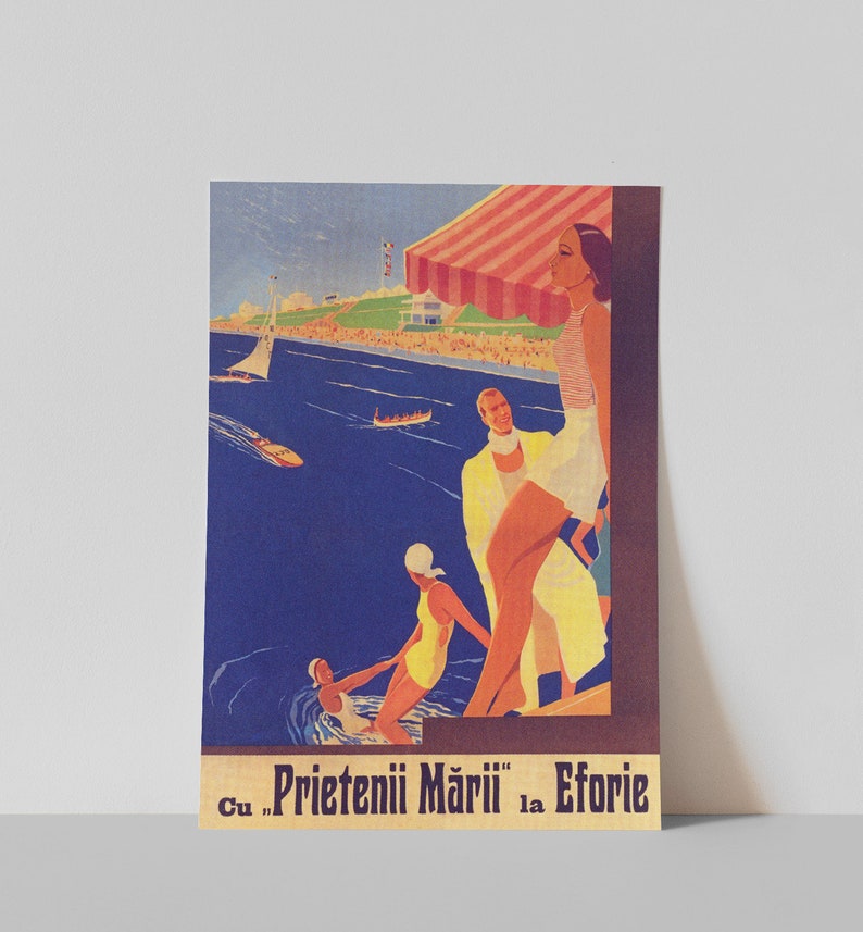 May include: Vintage travel poster featuring a seaside scene with people in swimwear, boats, and a striped awning. The poster has a retro aesthetic with a blue and brown color scheme. Text at the bottom reads "Cu Prietenii Mării la Eforie."