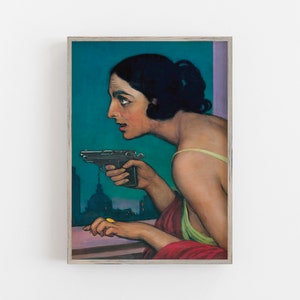 Mujer con pistola / Arte mural oscuro y melancólico / Retrato vintage de mujer / Arte mural ecléctico / Decoración de pared maximalista / Arte mural imprimible n.° 269 imagen 7