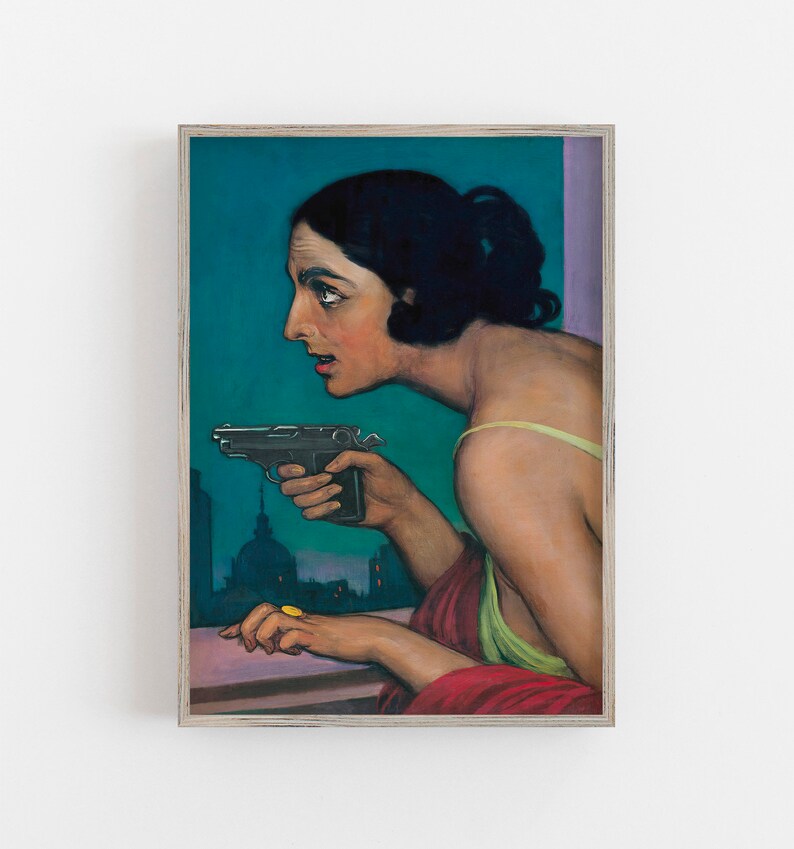 Mujer con pistola / Arte mural oscuro y melancólico / Retrato vintage de mujer / Arte mural ecléctico / Decoración de pared maximalista / Arte mural imprimible n.° 269 imagen 7