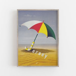 May include: A framed print depicting a beach scene with a colourful umbrella. The umbrella has a white, red, yellow, and green canopy and a green and yellow striped handle. The word "Jersey" is printed on the sand.