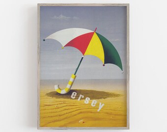 Beach Wall Art, Vintage Wall Art, Jersey Islands, Vintage Travel Print, Beach Umbrella Art Colorful Art DIGITAL DOWNLOAD, PRINTABLE Wall Art