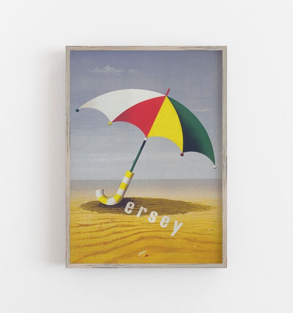 Beach Wall Art, Vintage Wall Art, Jersey Islands, Vintage Travel Print, Beach Umbrella Art Colorful Art DIGITAL DOWNLOAD, PRINTABLE Wall Art