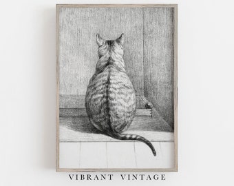 Vintage Cat Print: 19th Century Etching (Digital Download)