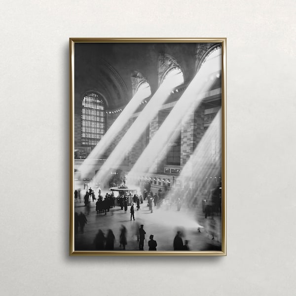 Grand Central Station, Arte in bianco e nero, Arte da parete vintage, Stampa di New York City, Raggi di sole di luce, DOWNLOAD DIGITALE, Arte da parete STAMPABILE