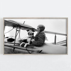 Peut inclure: Tirage encadr&eacute; en noir et blanc d'une photographie d'&eacute;poque. Une personne en uniforme de pilote est assise dans un cockpit ouvert avec un chien portant des lunettes de soleil. Le chien est assis dans le cockpit avec la personne. L'aile de l'avion est visible au-dessus.