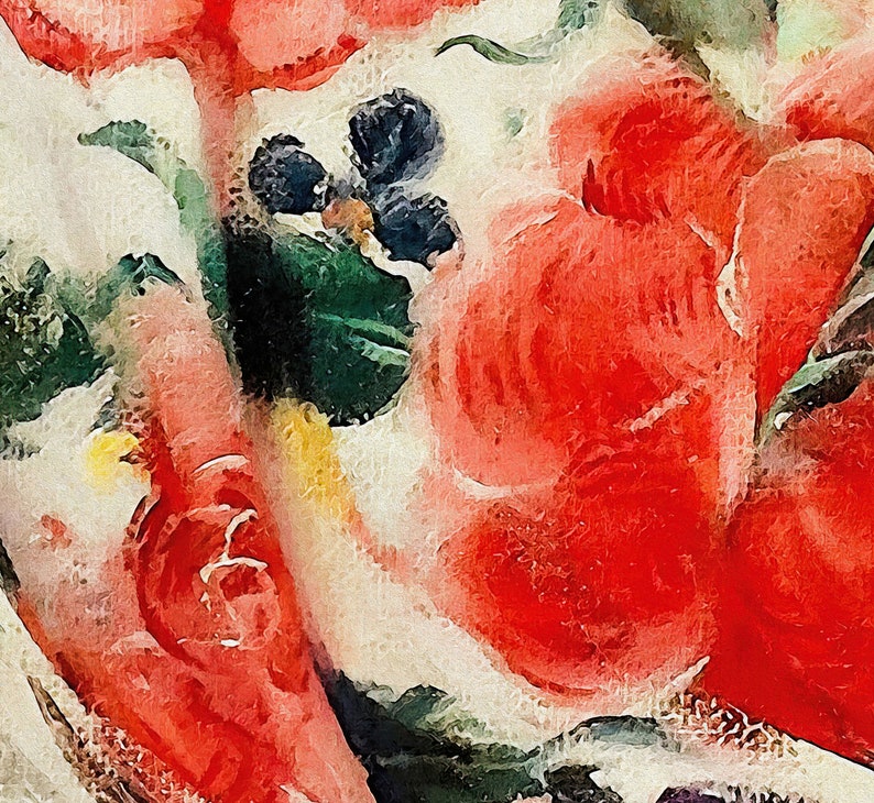 May include: A close-up of a floral pattern with red, white, and green colors. The pattern features large red flowers with white centers and green leaves.