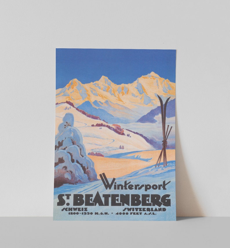 Switzerland Ski Art, St. Beatenberg Switzerland, Vintage Ski Poster