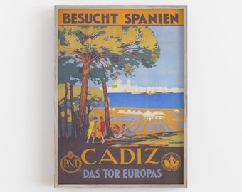 Vintage reisposter Cadiz, Spanje: antieke muurkunst (digitale download)