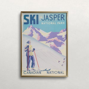 Póster vintage de esquí en Jasper, Canadá: Impresión de viaje retro (descarga digital)