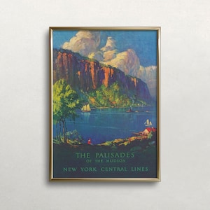 Palisades of the Hudson, Vintage Wall Art, New York Travel Poster, Hudson River, Colorful Landscape, DIGITAL DOWNLOAD, PRINTABLE Wall Art
