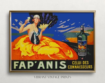 Stampa pubblicitaria vintage del liquore Fap Anis: arte di una donna colorata (download digitale)