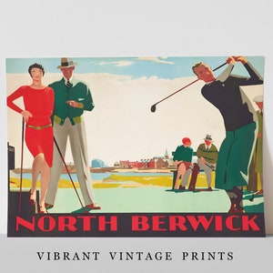 May include: Vintage golf-themed print featuring a golfer swinging a club, a couple, and the text "North Berwick." The print has a retro style with vibrant colors and the text "Vibrant Vintage Prints."