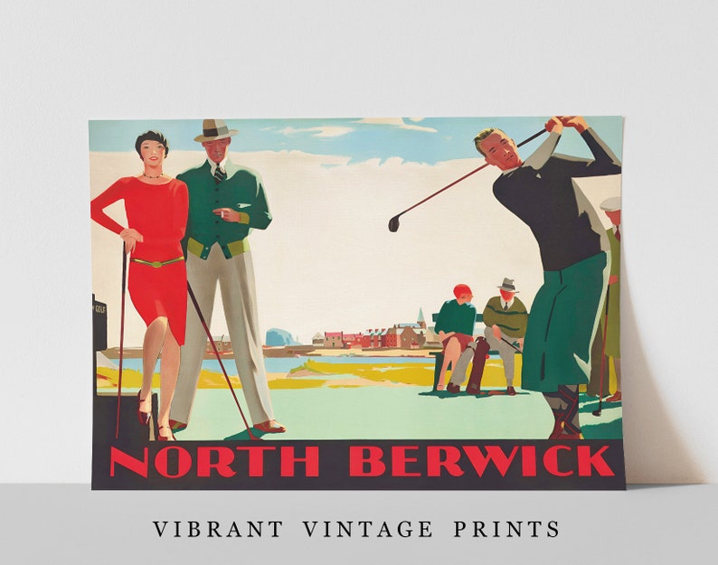 May include: Vintage golf-themed print featuring a golfer swinging a club, a couple, and the text "North Berwick." The print has a retro style with vibrant colors and the text "Vibrant Vintage Prints."
