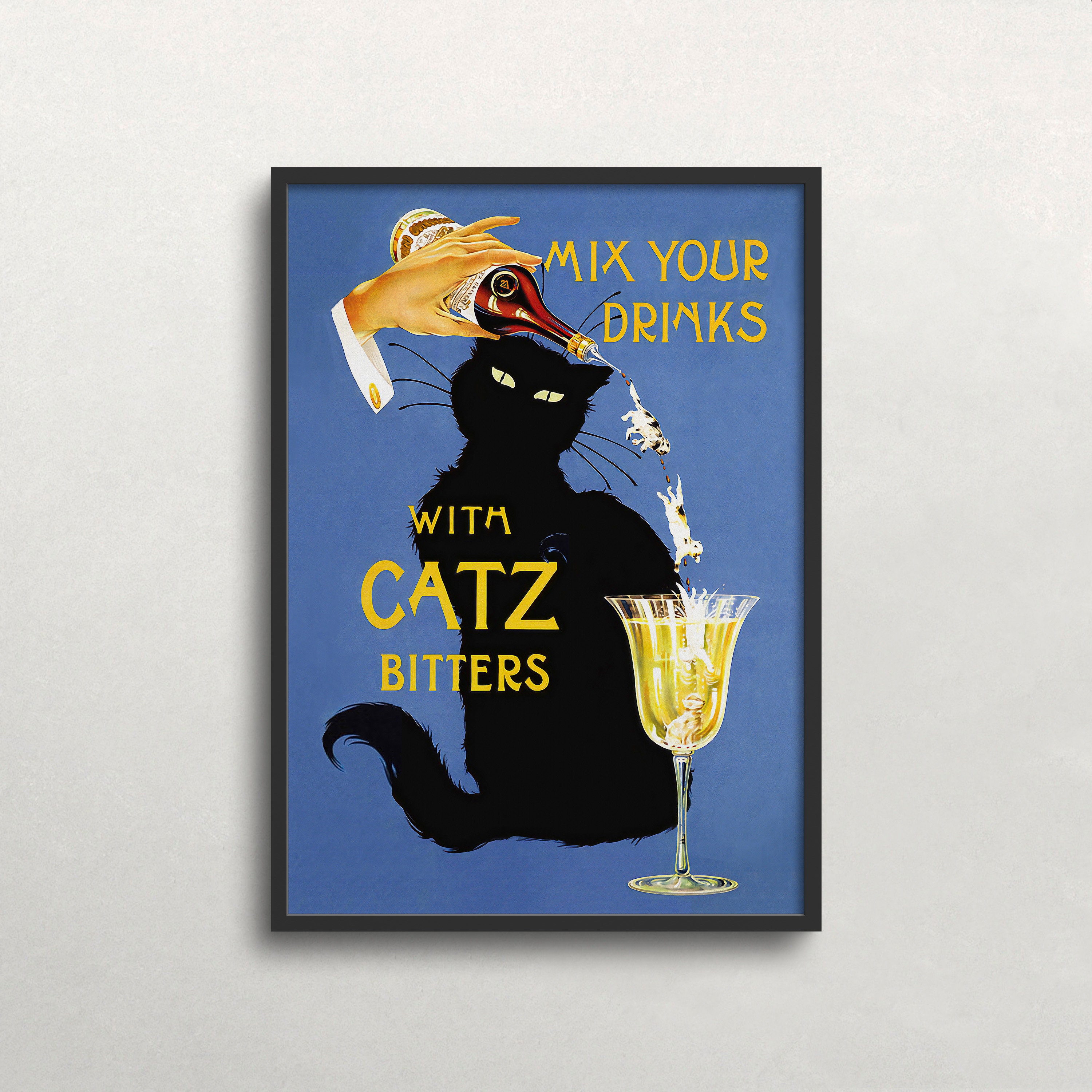 Catz Bitters Print, Vintage Beverage Poster, Black Cat Wall Art sold by