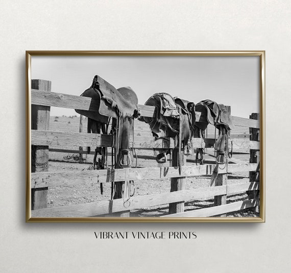Vintage Western Saddles Photo, Black and White Art, Cowgirl Wall Art, Digital Print (Digital Download)