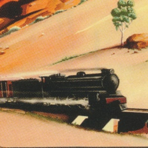 Pu&ograve; includere: Illustrazione vintage di un treno a vapore nero che viaggia attraverso un paesaggio. Il treno, con la sua locomotiva e vagoni dettagliati, &egrave; il punto focale. Lo sfondo presenta colline e un albero, in toni caldi e terrosi.