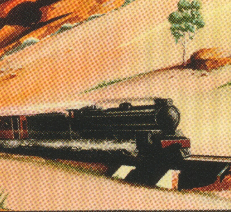 Pu&ograve; includere: Illustrazione vintage di un treno a vapore nero che viaggia attraverso un paesaggio. Il treno, con la sua locomotiva e vagoni dettagliati, &egrave; il punto focale. Lo sfondo presenta colline e un albero, in toni caldi e terrosi.