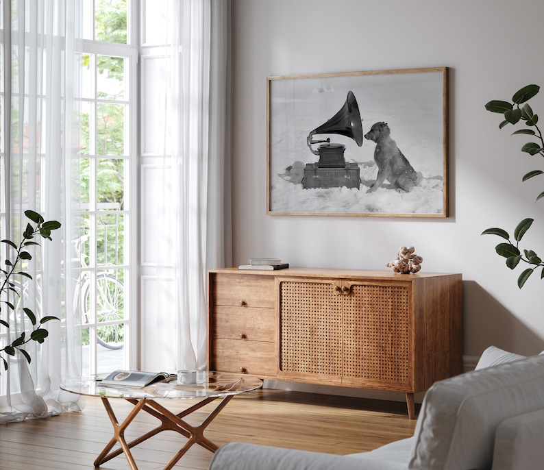 May include: A black and white photo of a dog listening to a vintage gramophone. The photo is framed and hanging on a white wall above a wooden cabinet with woven cane doors.