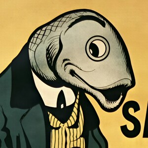 K&ouml;nnte beinhalten: Eine grafische Illustration eines Fischkopfes mit menschlichem Ausdruck, der eine dunkelblaue Jacke, ein wei&szlig;es Hemd mit Kragen und eine gelb-schwarz gestreifte Weste tr&auml;gt. Der Hintergrund ist ein helles Gelb mit teilweisen schwarzen Buchstaben.