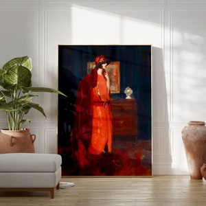 May include: A framed painting of a woman in a red dress and hat standing in a room with a dark blue wall and a mirror on the wall behind her.