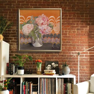 May include: A painting of a bouquet of pink peonies in a silver vase. The flowers are arranged against a background of orange and black wavy lines.