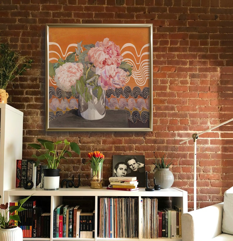 May include: A painting of a bouquet of pink peonies in a silver vase. The flowers are arranged against a background of orange and black wavy lines.