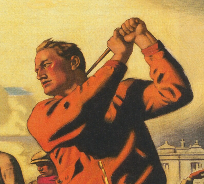 Pu&ograve; includere: Un poster vintage che mostra un uomo con una giacca rossa che oscilla una mazza da golf. Il poster ha uno sfondo giallo con un cielo nuvoloso e un edificio sullo sfondo.