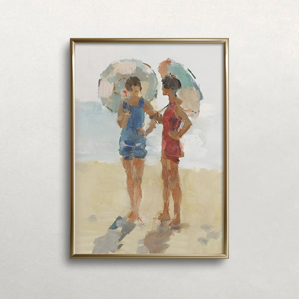 Beach Wall Art | Vintage Wall Art | Women With Parasols | Coastal Wall Decor | Soft Pastel Colors | Digital DOWNLOAD PRINTABLE Wall Art #459