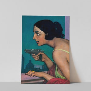 Mujer con pistola / Arte mural oscuro y melancólico / Retrato vintage de mujer / Arte mural ecléctico / Decoración de pared maximalista / Arte mural imprimible n.° 269 imagen 9