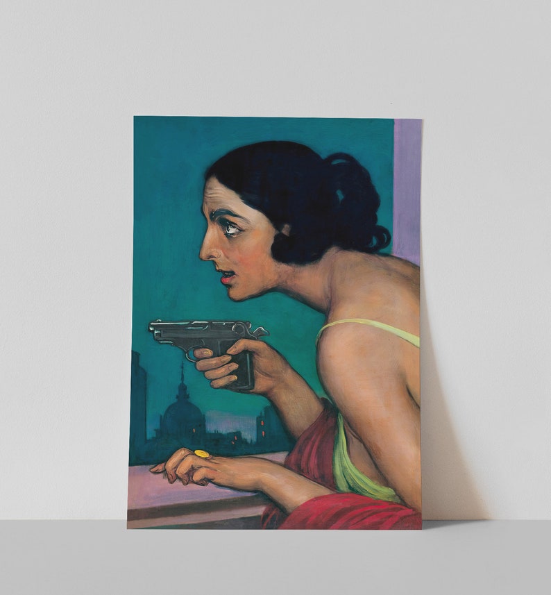 Mujer con pistola / Arte mural oscuro y melancólico / Retrato vintage de mujer / Arte mural ecléctico / Decoración de pared maximalista / Arte mural imprimible n.° 269 imagen 9