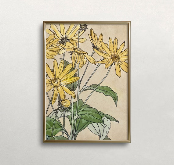 Vintage Yellow Flowers Art Print: Eclectic Floral Wall Decor (Digital Download)