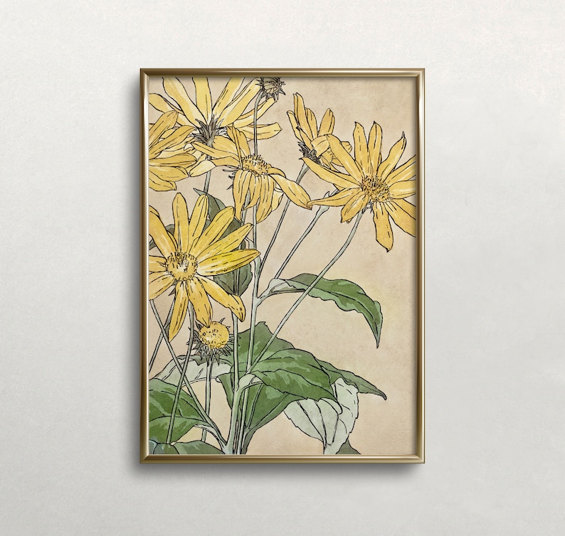 May include: A framed illustration of yellow flowers with green leaves on a beige background.
