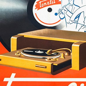 May include: A vintage record player with a gold and brown finish. The record player has a black vinyl record on the turntable and a silver tone arm. The record player is sitting on a red surface with the word "tonalit" in white letters.