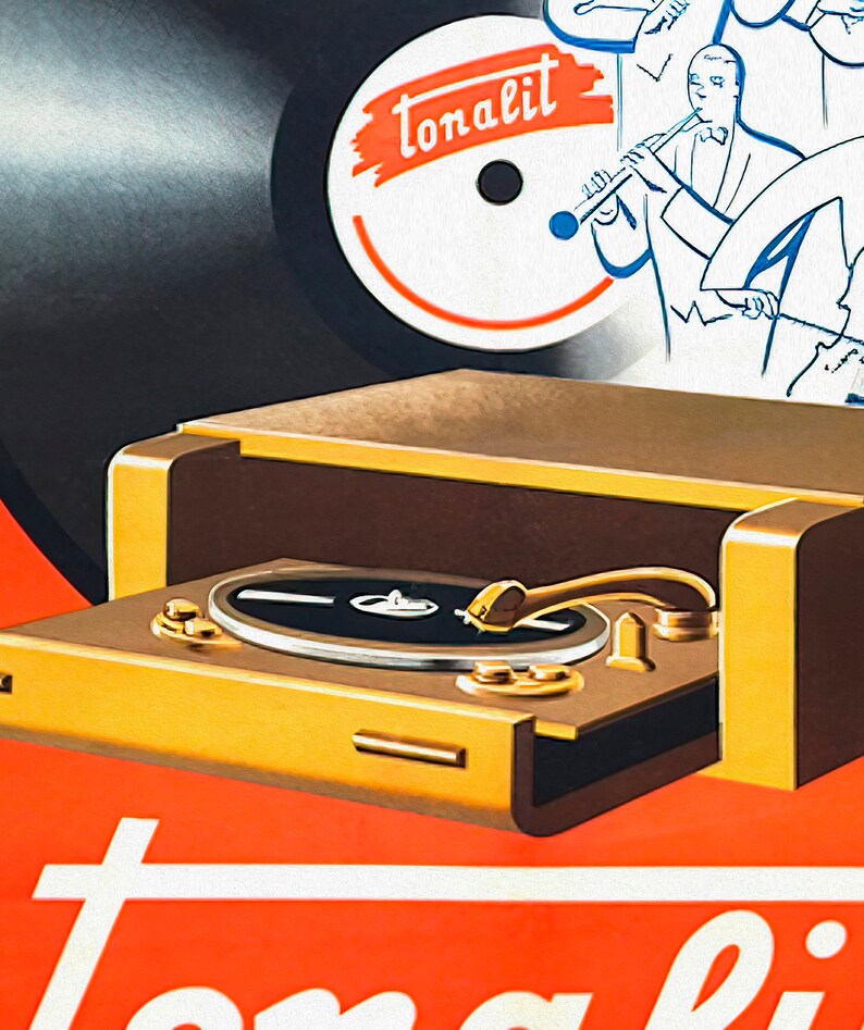 May include: A vintage record player with a gold and brown finish. The record player has a black vinyl record on the turntable and a silver tone arm. The record player is sitting on a red surface with the word "tonalit" in white letters.