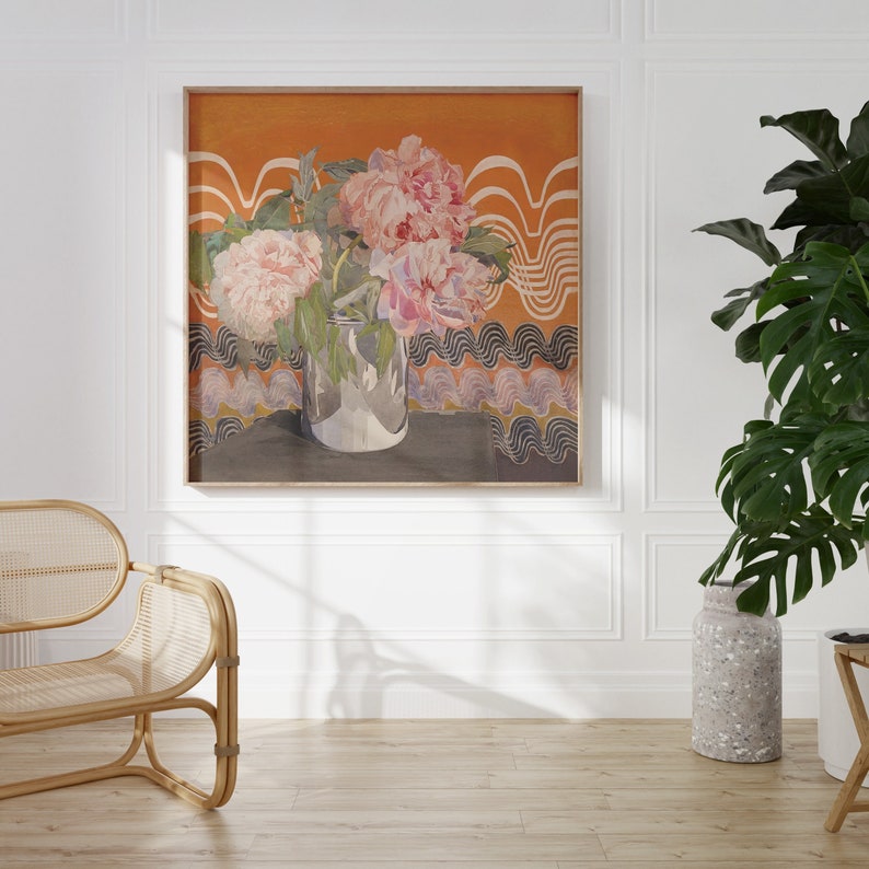 May include: A framed painting of pink peonies in a silver vase against a background of orange and black wavy lines.