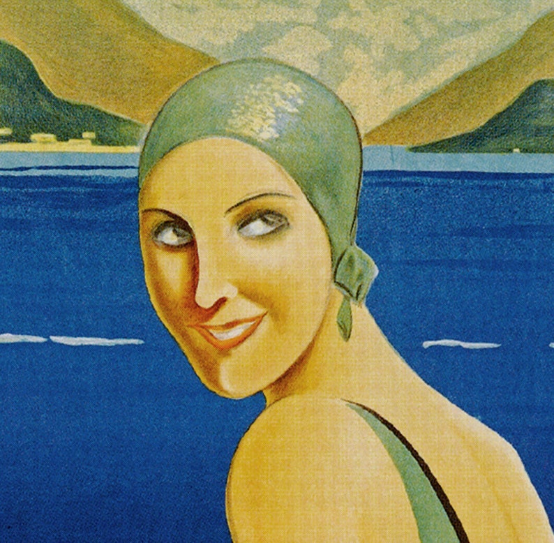 May include: Vintage illustration of a woman in a green swim cap and swimsuit, looking over her shoulder with a smile. The background features a blue sea, mountains, and a light sky, evoking a retro beach scene.